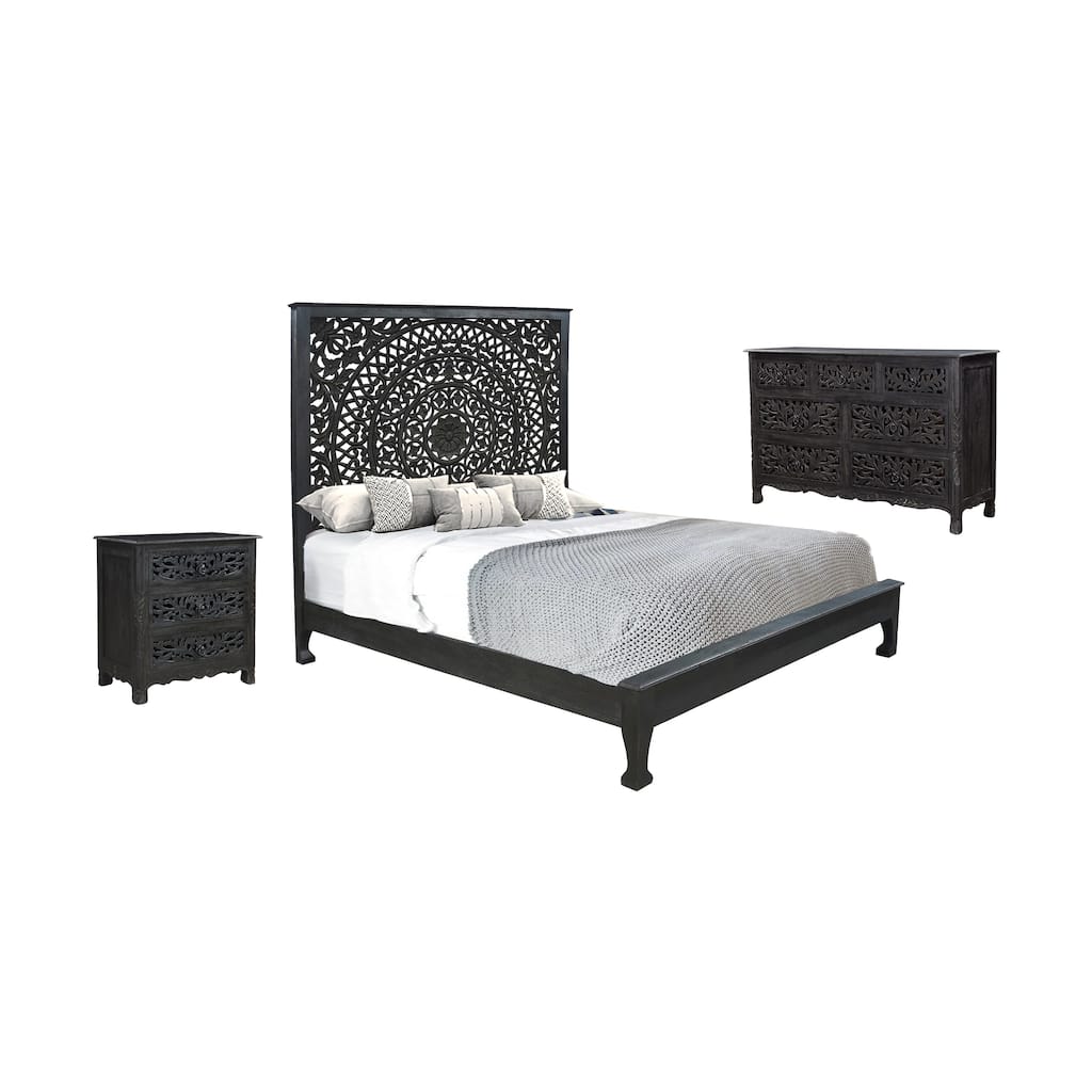Providence 3-piece Floral Carved Solid Wood Bedroom Set