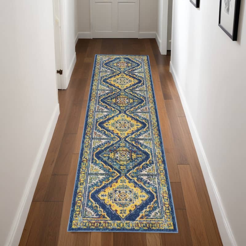 Ganef Power Loomed Geometric Modern Low Pile Durable Area Rug By HomeRoots - 90' X '27' X '0.25 - 90' X '27' X '0.25 - Oxford Blue - Runner