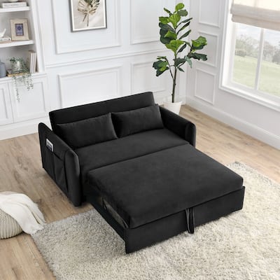 55"W Velvet Loveseat Sofa Bed with Pockets, Adjustable Backrest