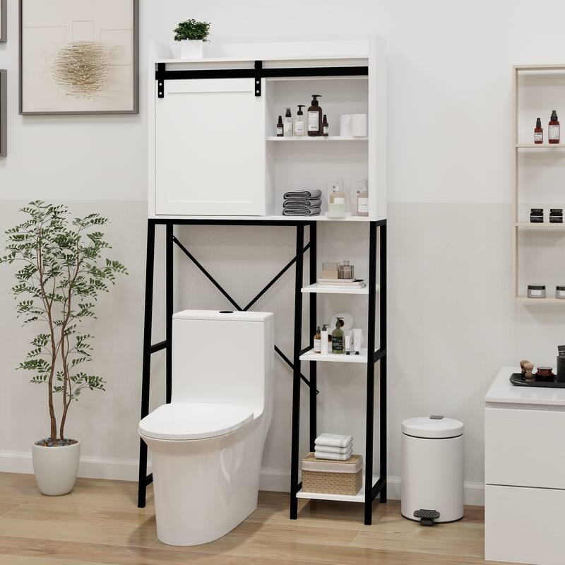 Anmytek White Over The Toilet Storage Cabinet with Sliding Barn Door Industrial Farmhouse Bathroom Organizer