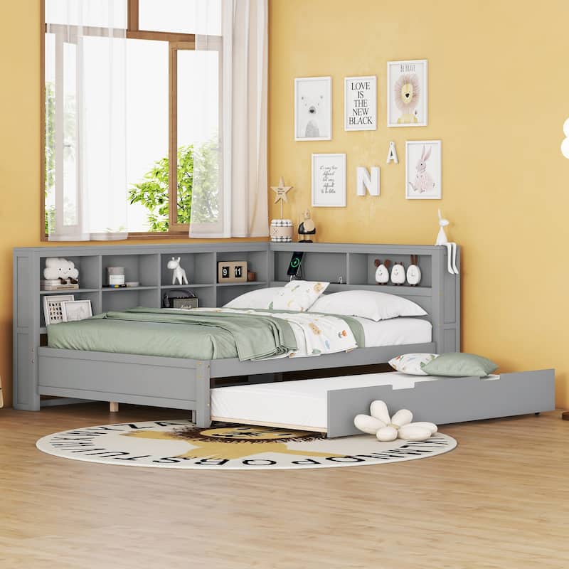 Wooden DayBed Sofa Bed Frame with L-Shape Storage Headboard, Platform Bed Pull-out Trundle Bed, USB Charging Ports