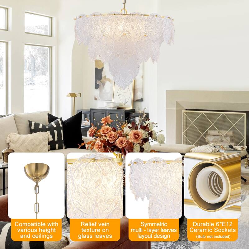 Luxury Gold Chandelier with Double-Tier Clear Glass Leaves