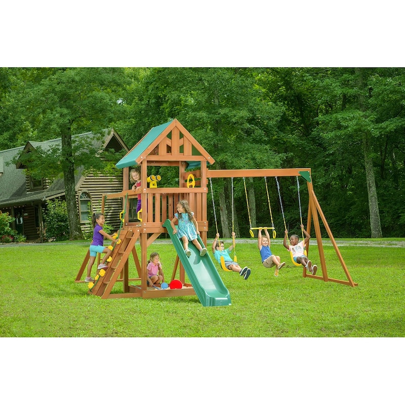 Mountain View Swing Set with Tarp Roof, Climbing Wall, Monkey Bars - Yellow
