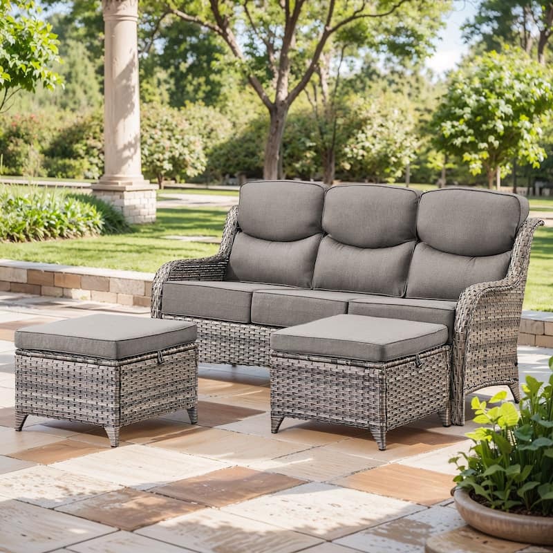 Outdoor Sofa with 6-Inch Thick Cushions Furniture for Porch - Grey Wicker Grey Cushion - 3PCS Sofa w/ Ottoman
