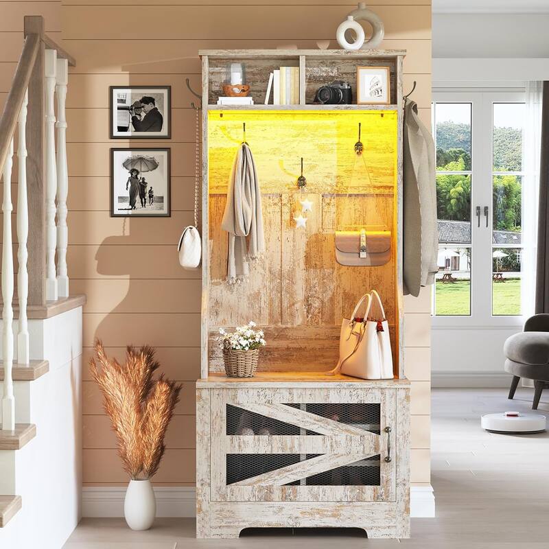 Hall Tree w/ Bench Shoe Storage Shoe Cubby Barn Door Adjustable Shelf - 23.6" - Antique White