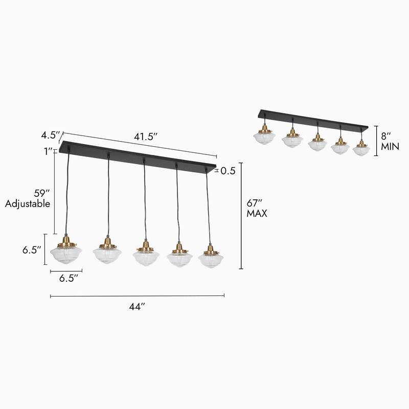Modern 5-Light Black Gold Linear Chandeliers Kitchen Island Lights for Dining Room with Seeded Glass - 44'' L x 6.5'' W x 8'' H