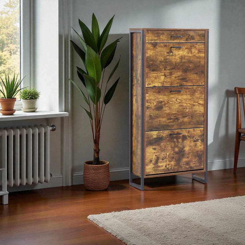 25.6" Slim Shoe Storage Cabinet with 3 Flip Drawers and 1 Drawer, Freestanding Entryway Shoe Organizer for Small Spaces