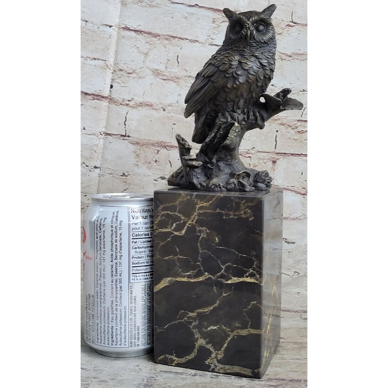 Hot Cast Bronze Metal Owl Bird On Perch Sculpture Statue Figure Marble Base Original