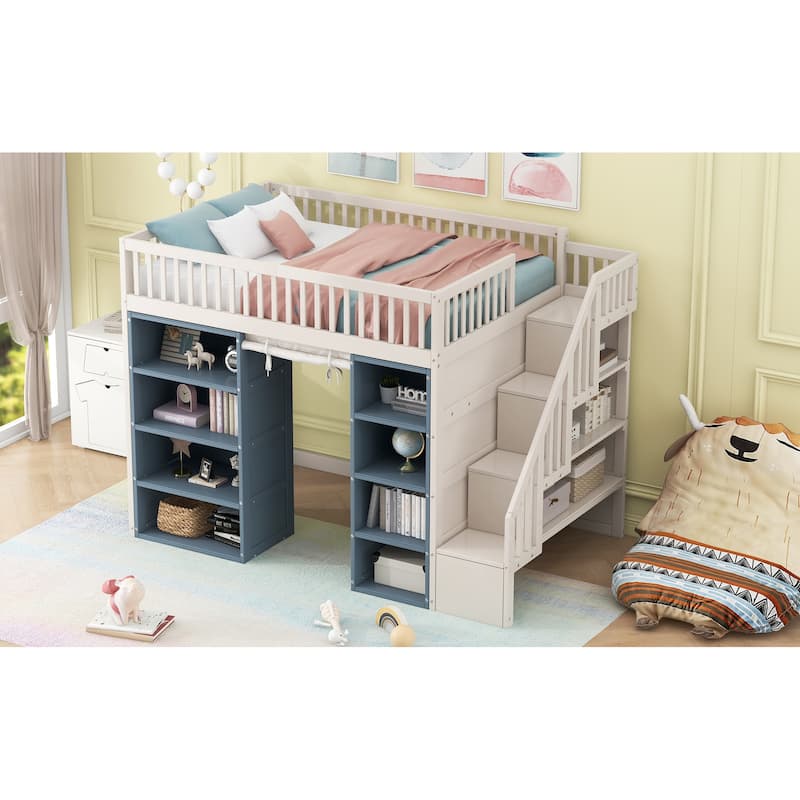 Full Size Loft Bed With 2 Four-Layer Storage Cabinets And Curtain,White+Blue