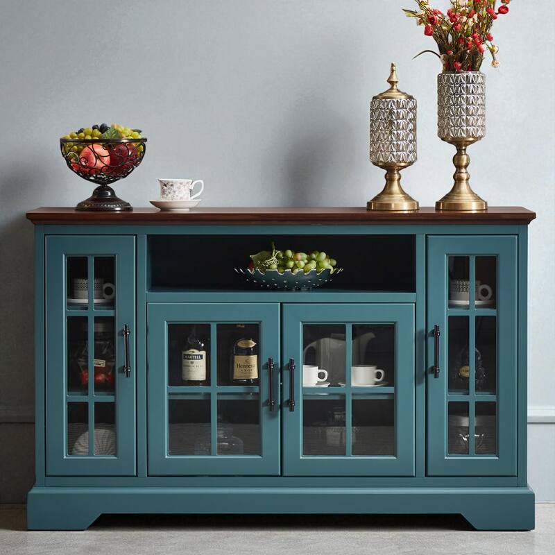 52" Buffet Table Sideboard with 4 Tempered Glass Doors, 5 Adjustable Shelves, and Cable Management - Teal Blue