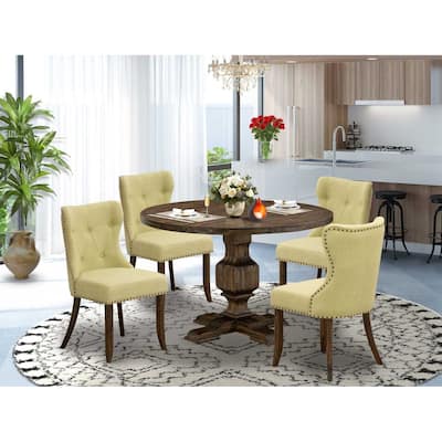 HomeStock 5-Piece Distressed Jacobean Finish Solid Wood Top Dining Table with 4 Parson Chair