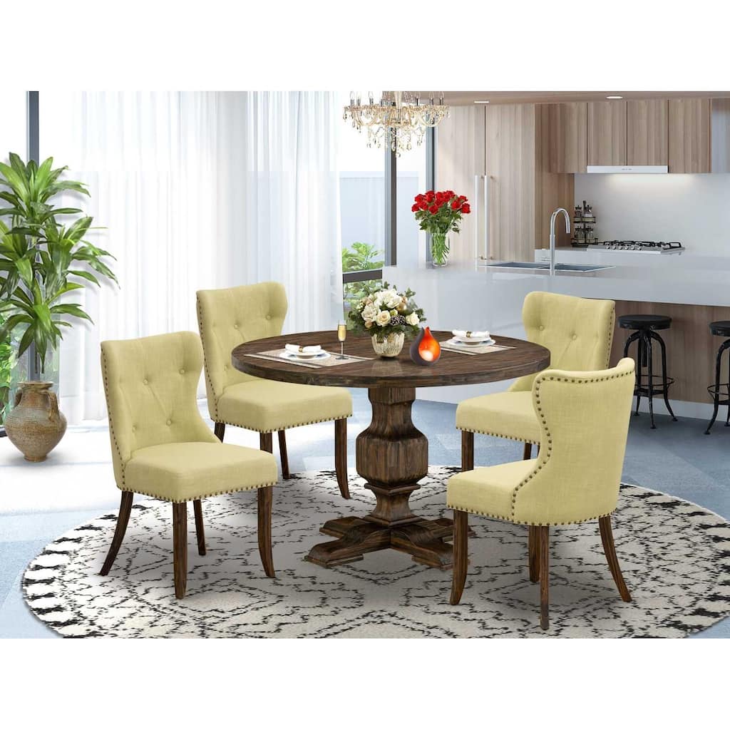 HomeStock 5-Piece Distressed Jacobean Finish Solid Wood Top Dining Table with 4 Parson Chair