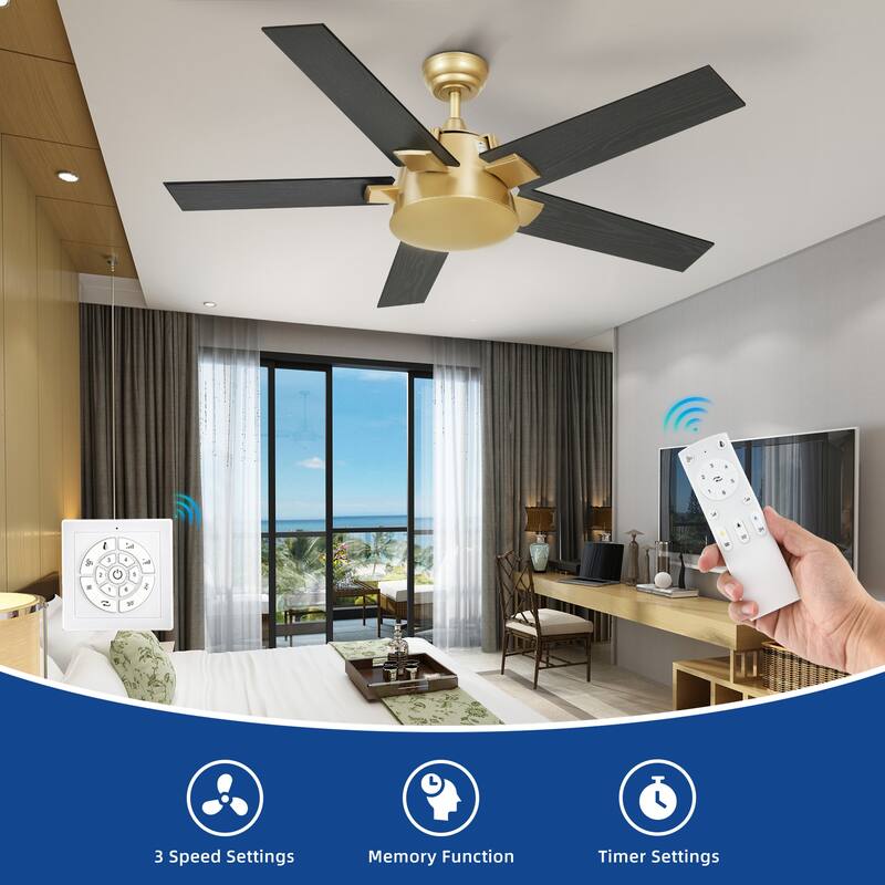 Moasis 52 Inch Modern Black Gold Ceiling Fan with Wall Switch & Remote