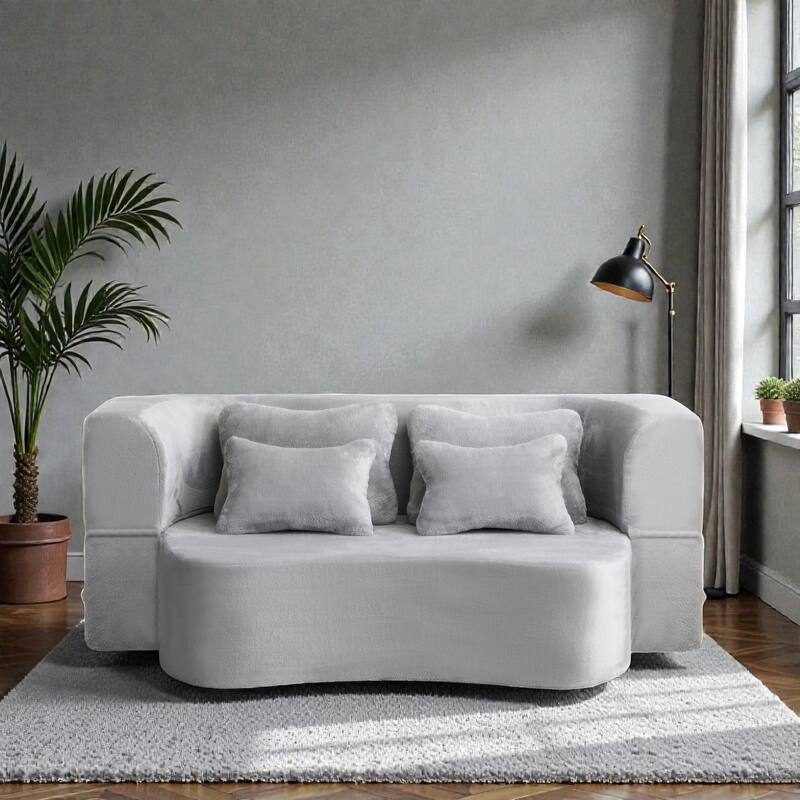 Queen Size Floor Sofa Futon with 4 Pillows, Modern Folding Mattress Couch, Plush Fabric No Assembly