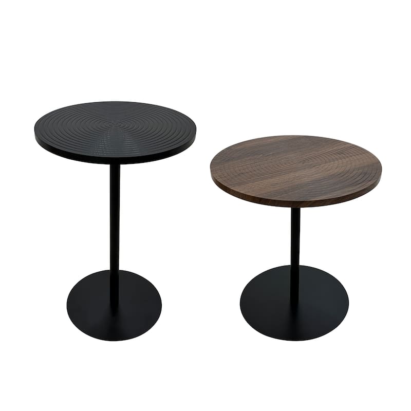 Set of 2 Small Round Side Table Wooden Concentric Circles Coffee Table for Two Metal Pedestal Nightstand for Corner Small Space