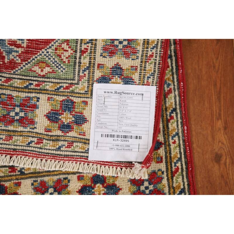 Geometric Kazak Oriental Foyer Rug Hand-Knotted Red Wool Carpet - 2'0"x 3'0"