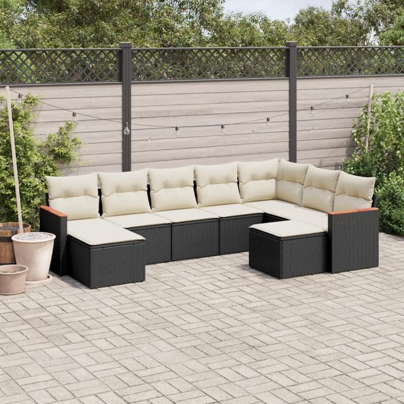 vidaXL Patio Sofa Set with Cushions Outdoor Conversation Furniture Poly Rattan - 21.7 x 21.7 x 14.6 in - Black and cream without table