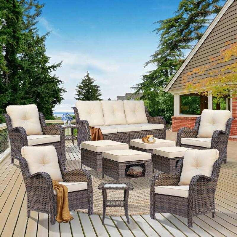 Outdoor Brown Wicker Patio Furniture Seating Sets with Beige Cushions - 11 Piece