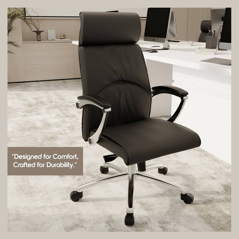 Leather Upholstered High-Back Office Chair Swivel Tilt Aluminum Frame Adjustable Conference Desk Chair for Computer