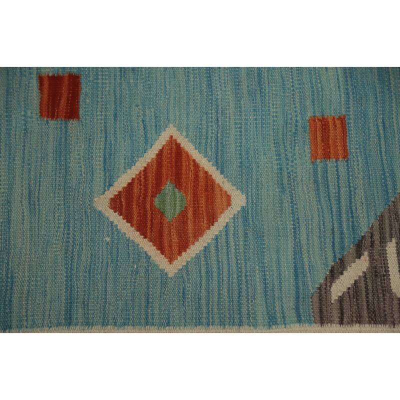 Hand Woven Oriental 100% Wool Carpet Southwestern Tribal Navy Blue & Blues Kilim Area Rug - 8' 1'' X 4' 10''