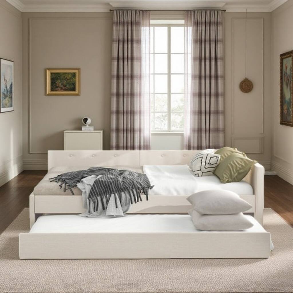 Queen Upholstered Platform Bed with Built-in USB Ports & Twin Trundle, Sturdy Linen Frame