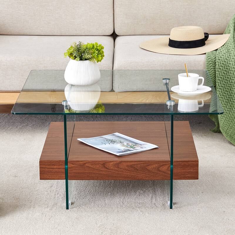 Roomfitters Square Glass Coffee Table with Walnut Finish, Two-Tier Modern Accent Table for Compact Spaces