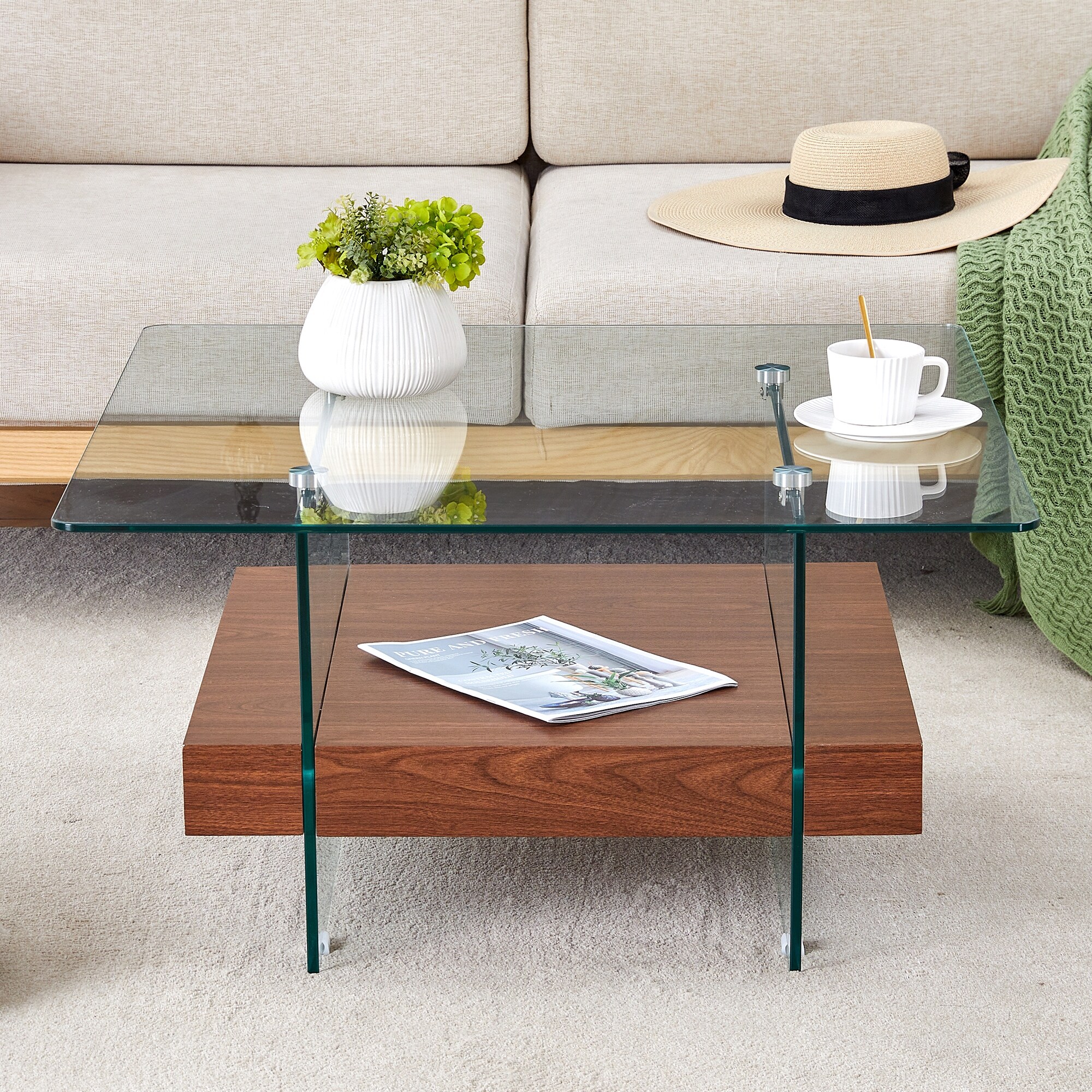 Roomfitters Square Glass Coffee Table with Walnut Finish, Two-Tier