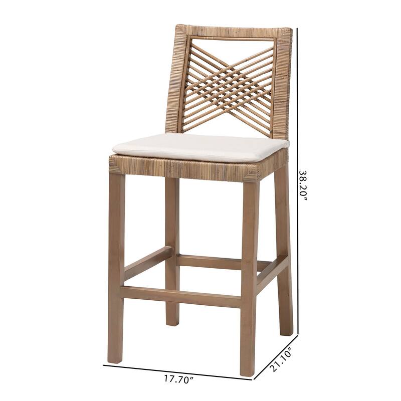 Poltak Modern Bohemian Grey Natural Kubu Rattan and Mahogany Wood Counter Stool