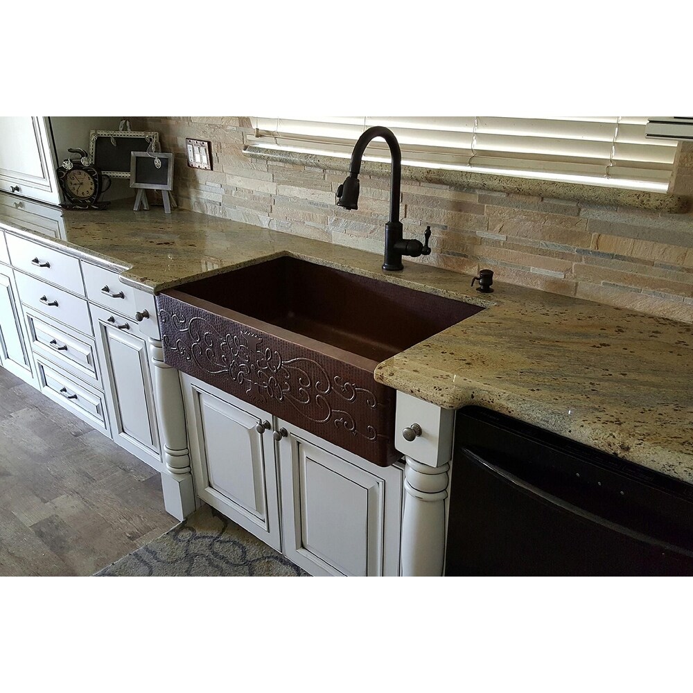 Premier Copper Products 33-inch Hammered Copper Apron Front Single Basin  Kitchen Sink w/ Scroll Design
