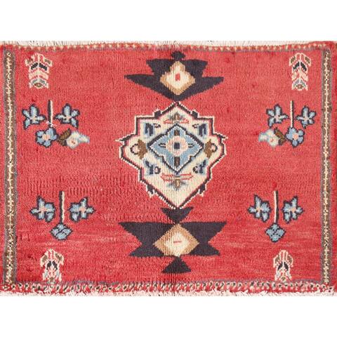 Geometric Shiraz Persian Square Vintage Rug Hand-Knotted Wool Carpet - 1'5"x 2'2"