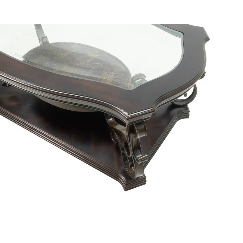 Elegant 52" Traditional Cocktail Table with Beveled Glass Top and Marble Paper Shelf