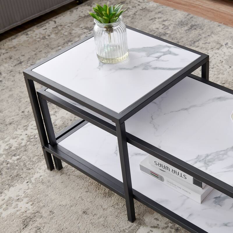 Wood marble color top Modern Nesting coffee table Square & rectangle With Black metal frame