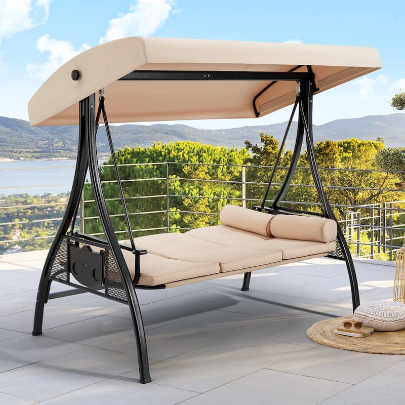 3-Seat Patio Swing with Adjustable Canopy, 750lbs Heavy Duty, Convertible Outdoor Bed, All-Weather, Cup Holders & Thick Cushions