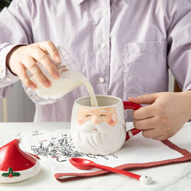 Glitzhome Christmas Dolomite Santa & Snowman or Tree Mug with Lid and Spoon
