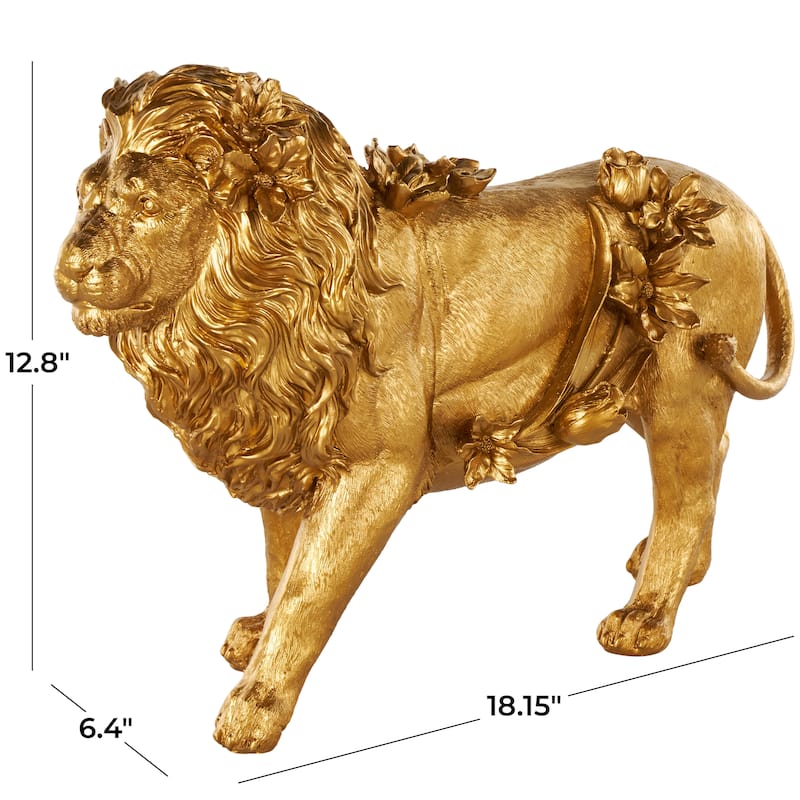Gold Resin Walking Lion Decorative Sculpture with Floral Accents - 6"W x 18"L x 13"H