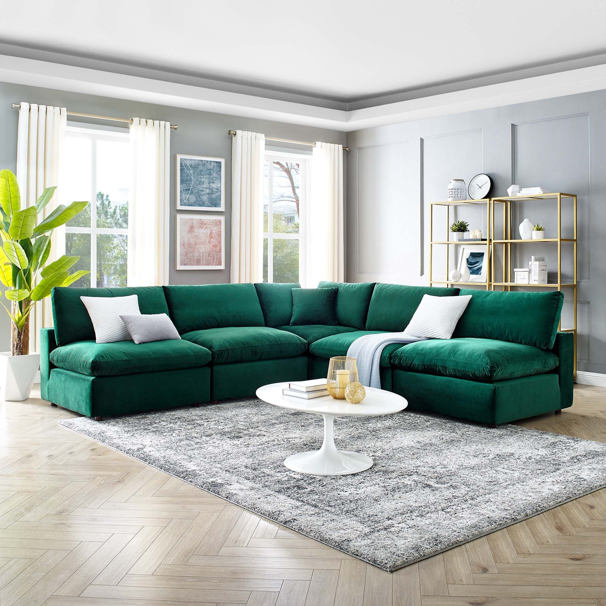 Commix Down Filled Overstuffed Velvet 5 Piece Sectional Sofa On