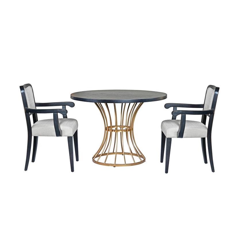 42" Round Dining Set -Solid Wood-Look Veneer Table +2 Upholstered Armchairs,Heavy-Duty Iron Pedestal Base,Space-Saving,3-Piece