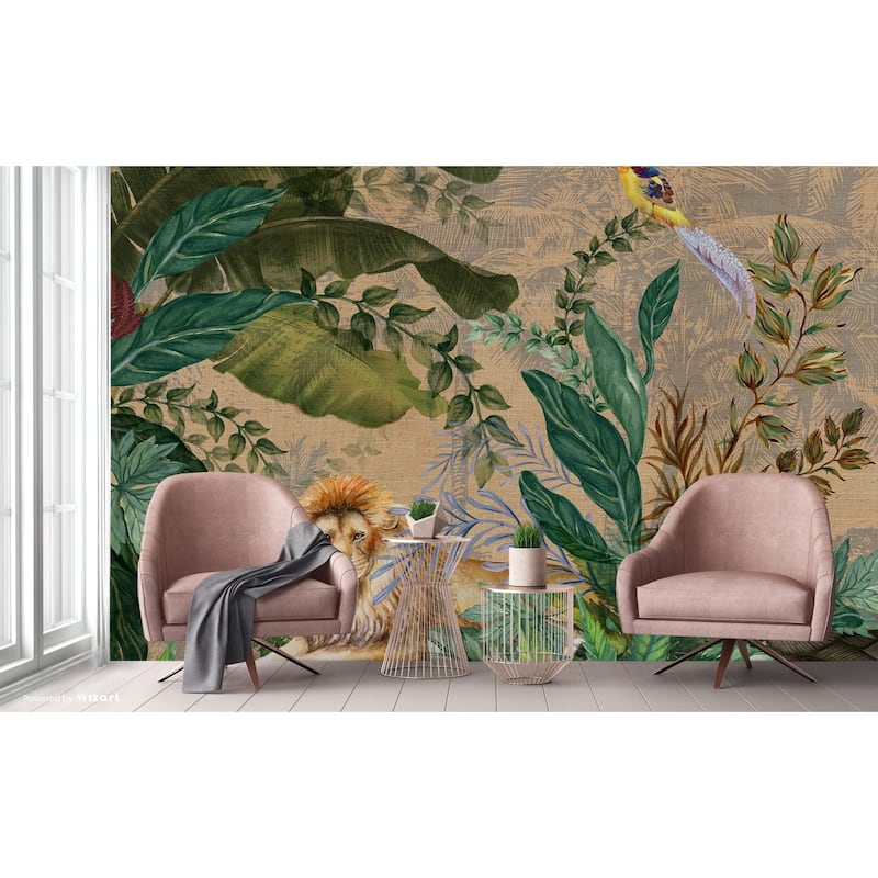 Luxurious Jungle Safari Wallpaper Mural Lions and Tropical Foliage