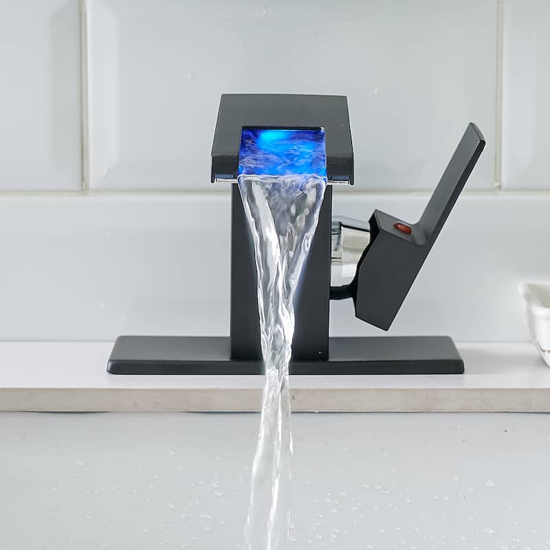 Bathroom Sink Faucet LED Light 3 Colors Changing Waterfall Glass Spout Hot Cold Water Mixer Single Handle One Hole