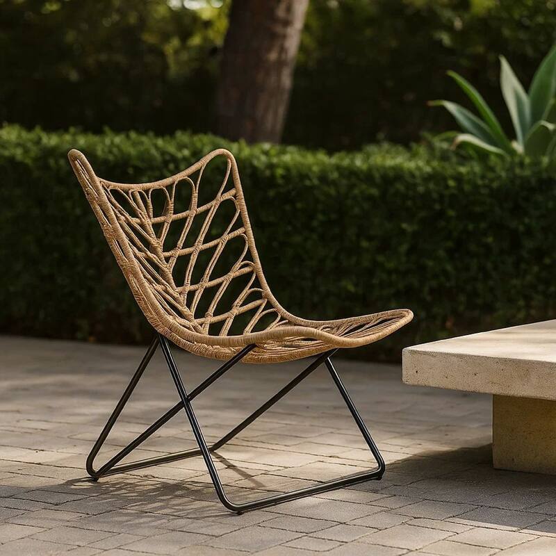 Fordy Outdoor Chair Set of 2, Curved Seat, Brown Rattan, Black Metal