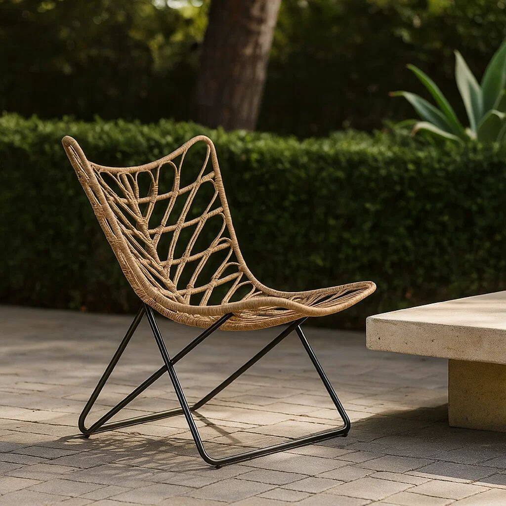 Fordy Outdoor Chair Set of 2, Curved Seat, Brown Rattan, Black Metal