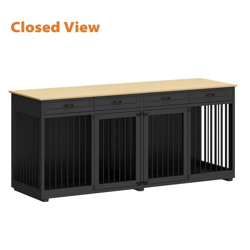 Wooden Dog Crate Kennel Furniture for 2 Dogs with Divider & Drawers