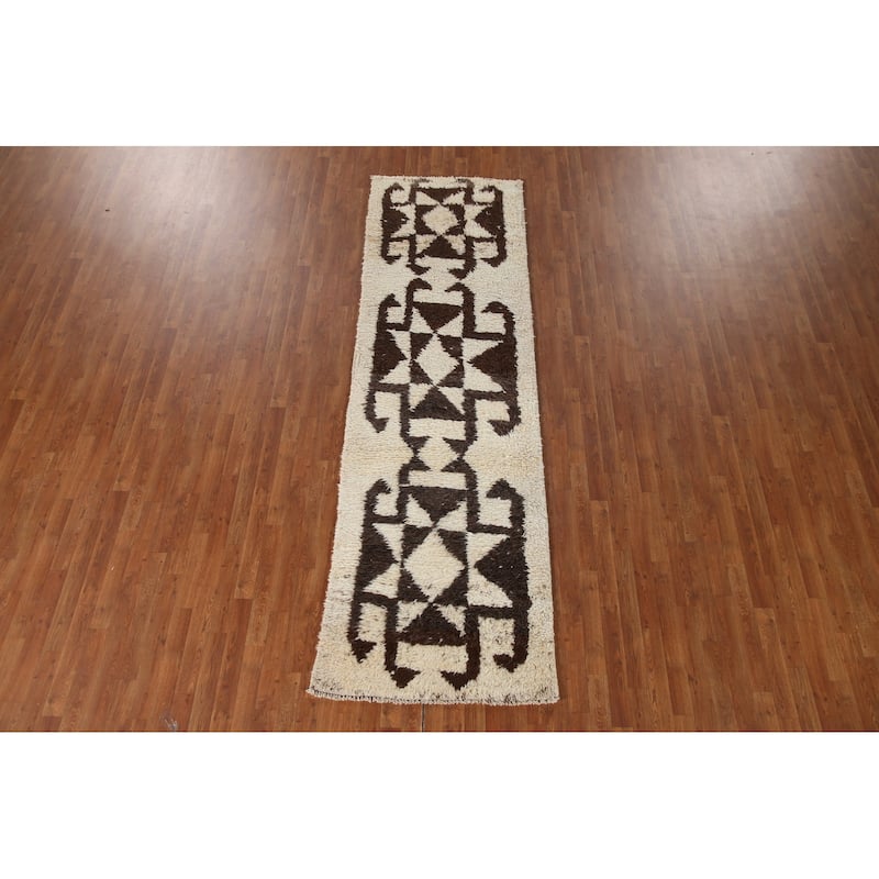 Anatolian Turkish Runner Rug Handmade Geometric Beige Wool Carpet - 3'3"x 12'5"