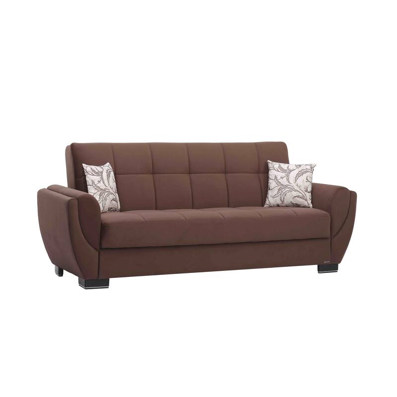 HomeRoots 93" Brown Microfiber Convertible Futon Sleeper Sofa And Toss Pillows With Storage