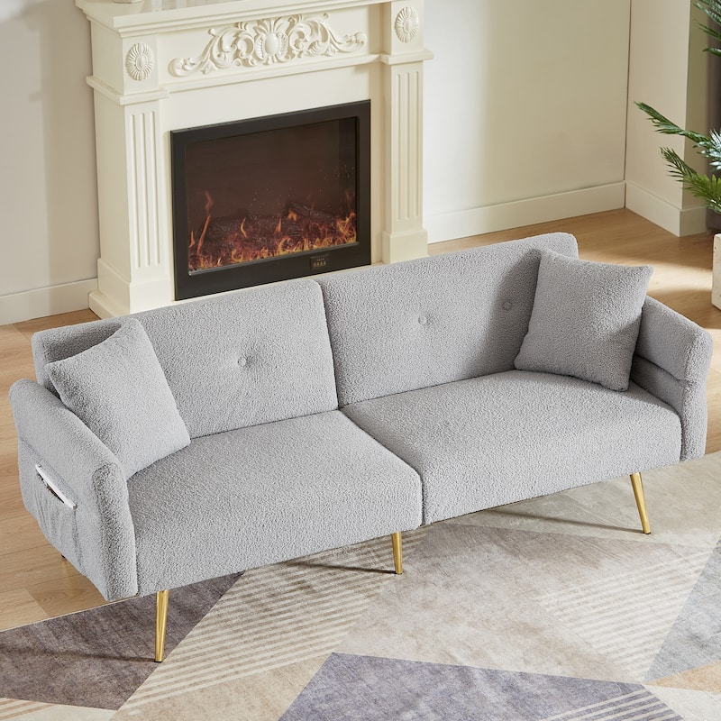 Upholstered Accent Loveseat Sofa With Side Pocket,Folding Sleeper Sofa Bed With Foldable Armrest