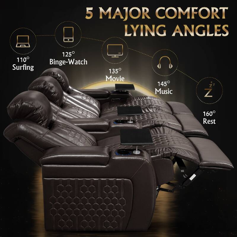 Roomfitters 93.3" Power Recliner 3-Piece Set, Top-Grain Nappa Leather, 39-Color RGB LED & USB-C Charging, Coffee