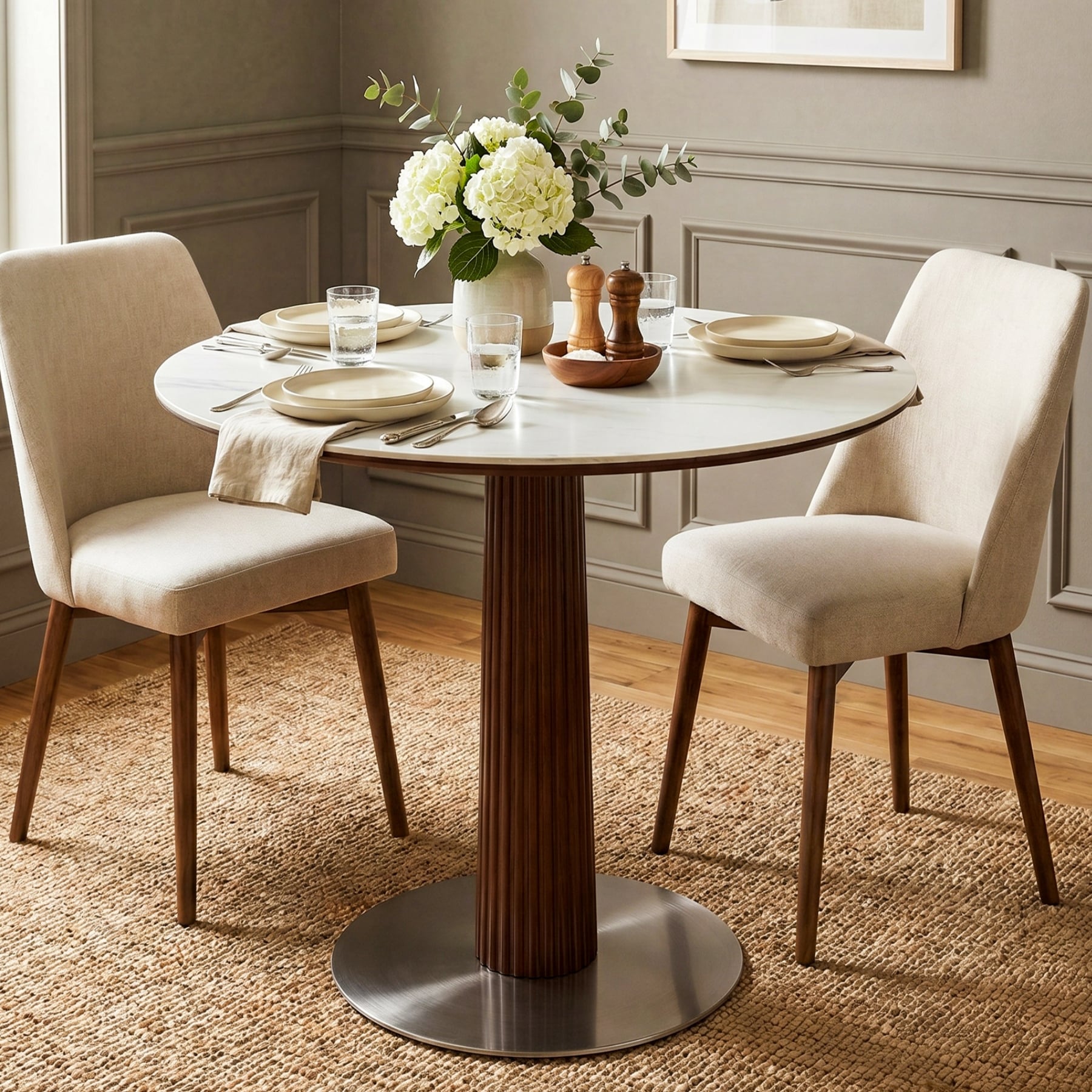 31.5 Inch Round Dining Table for 2-4, Solid Wood Circle Kitchen Table with Stainless Steel Pedestal, Sintered Stone Top