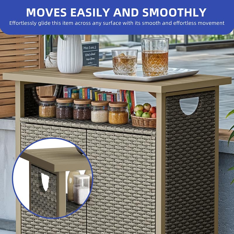 Moasis Outdoor Wicker Bar Table Ratten Storage Cabinet with 2 Doors and Shelves