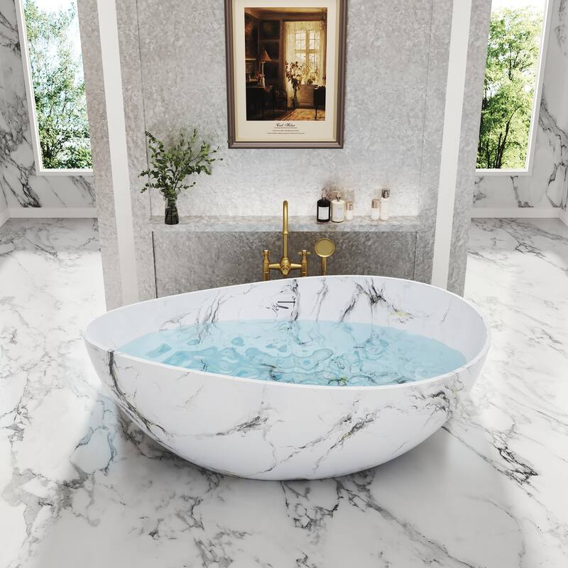 63 in. x 37 in. Solid Surface Freestanding Soaking Bathtub in Matte White with Italian Snowflake Marble Pattern, Center Drain