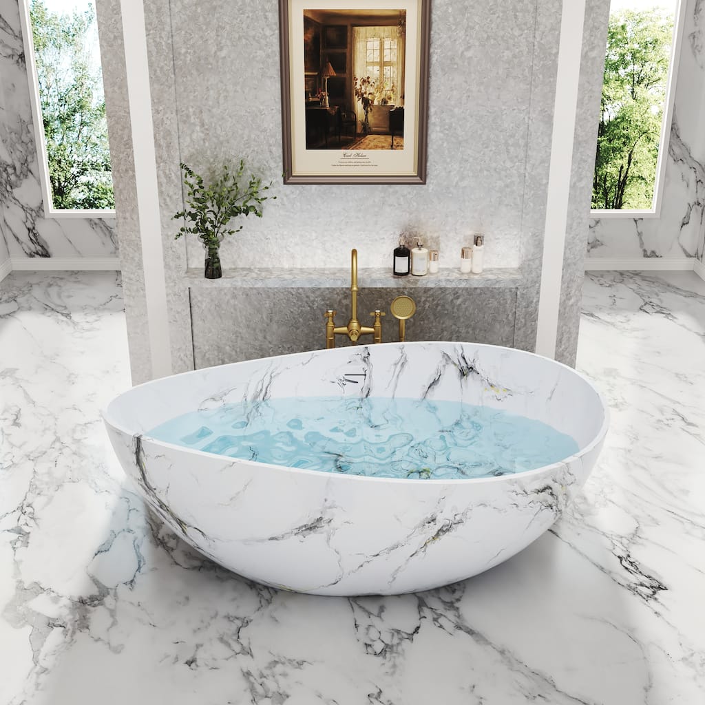 63 in. x 37 in. Solid Surface Freestanding Soaking Bathtub in Matte White with Italian Snowflake Marble Pattern, Center Drain